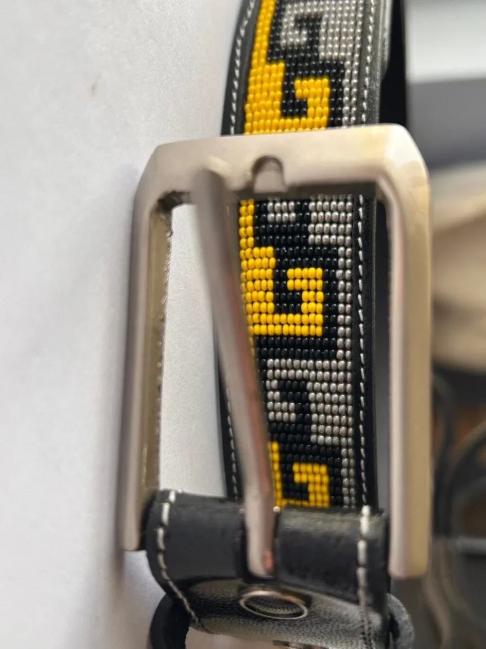 Black Beaded Belt Geometric Pattern Yellow Gray Unisex Faux Leather